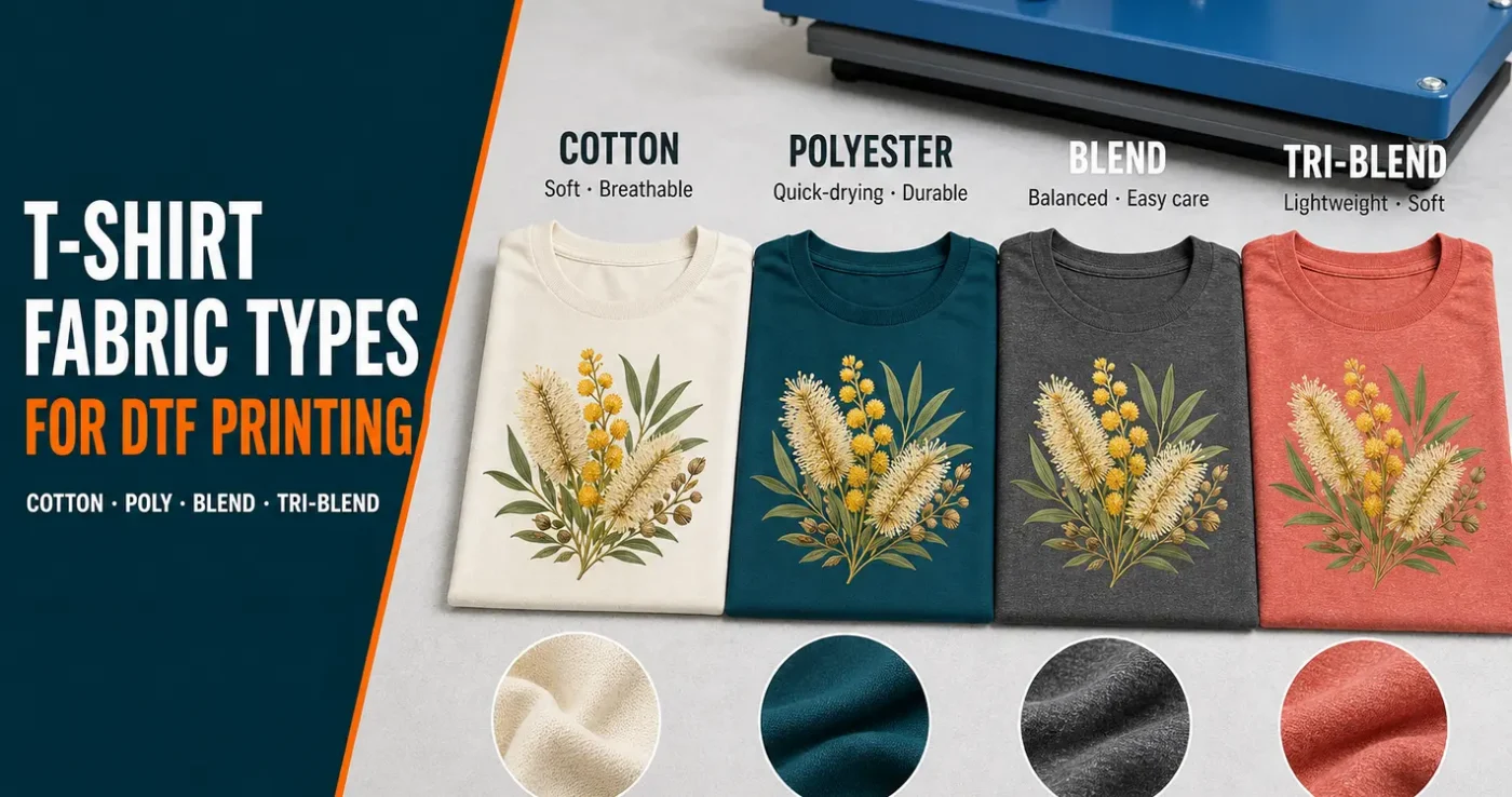 T-shirt fabric types for DTF printing: cotton, polyester, blend and tri-blend shirts with the same native-flower transfer