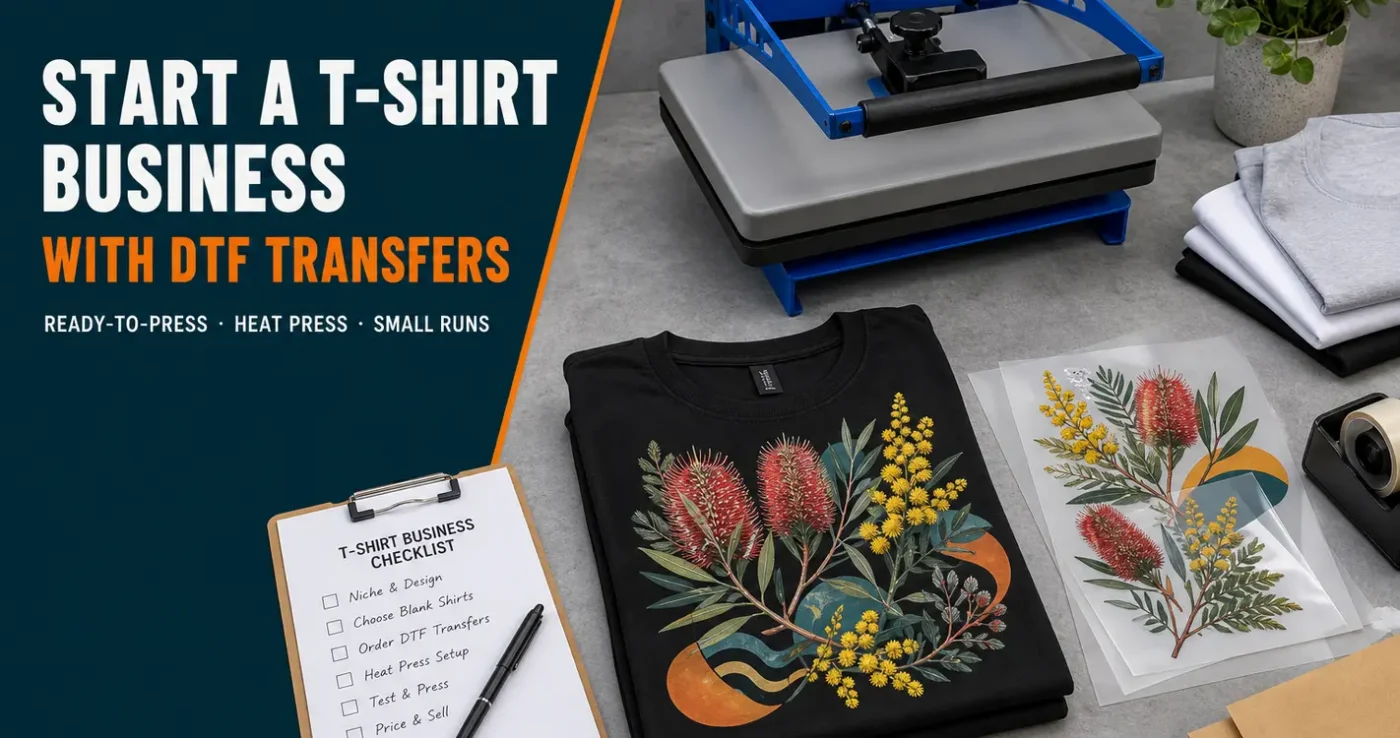 Start a t-shirt business with ready-to-press DTF transfers: heat press, finished native-flower shirt, transfer film and start-up checklist