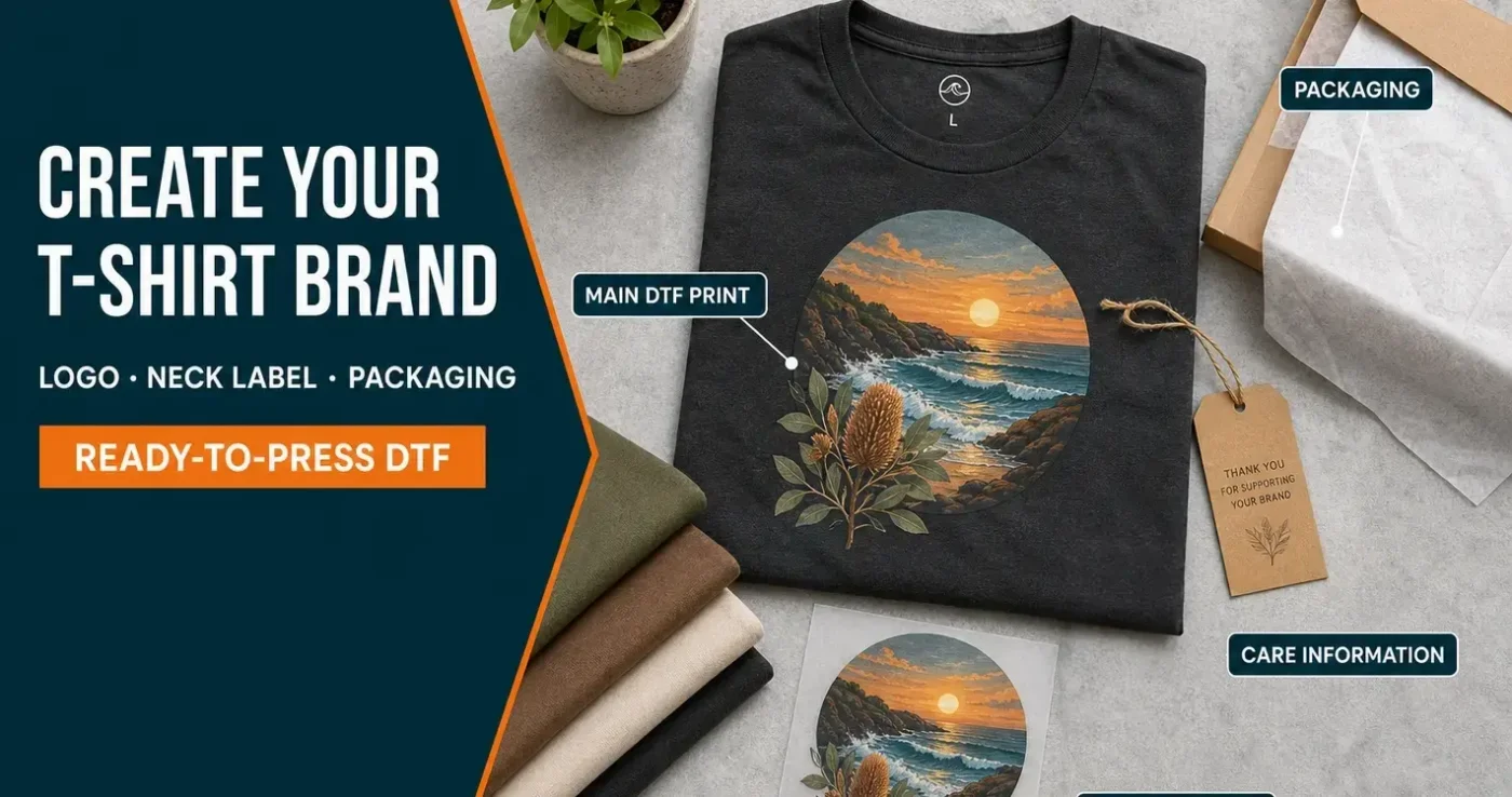 Create a t-shirt brand with custom labels: main DTF print, inside neck label, care tag, hang tag and packaging