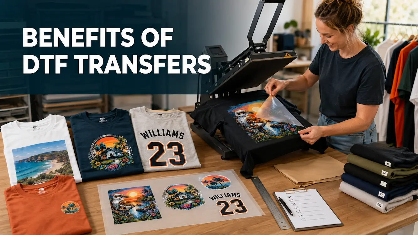 Small apparel business applying colourful ready-to-press DTF transfers to custom T-shirts