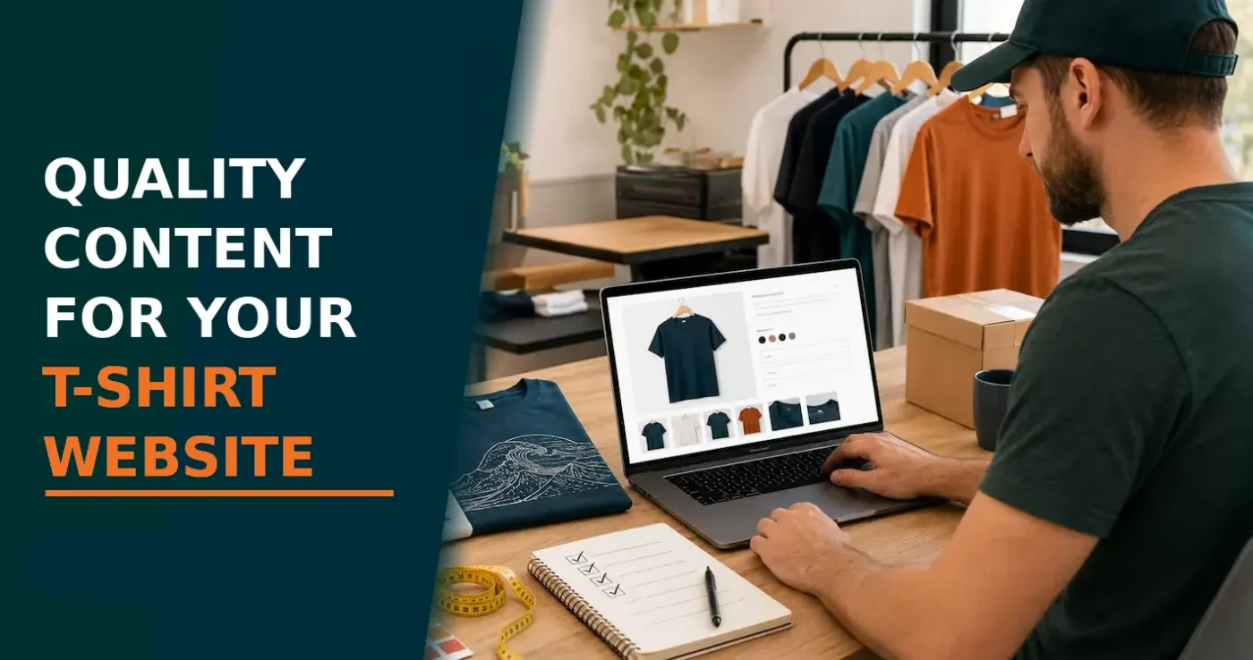 Writing quality content for a T-shirt website: working on a product page at a desk with printed tees, notebook, camera and heat press in a workshop