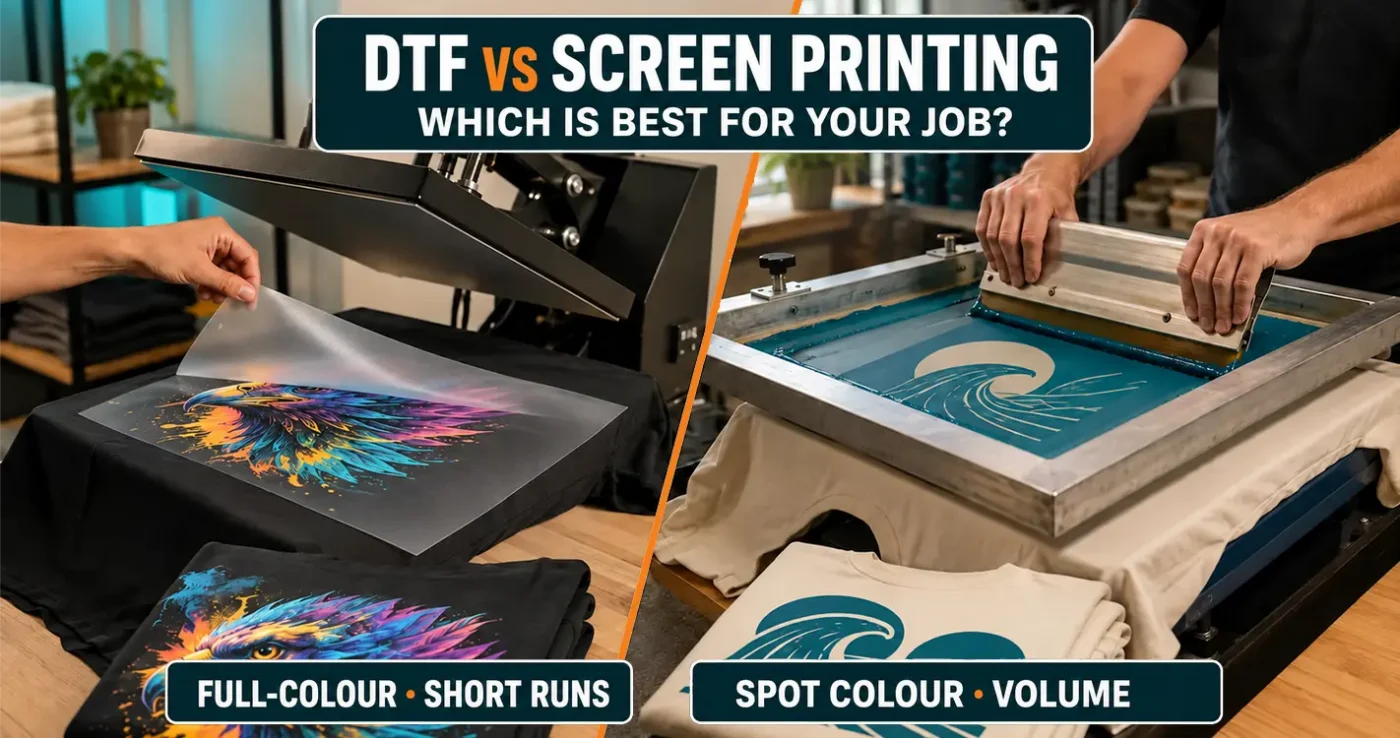 DTF vs screen printing comparison: peeling a full-colour DTF transfer on the left and pulling a squeegee for spot-colour screen printing on the right