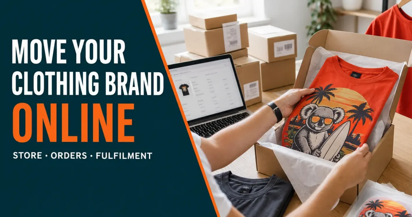 Moving a clothing brand online: packing a printed t-shirt for dispatch beside a laptop, shipping boxes and ready-to-press DTF transfers