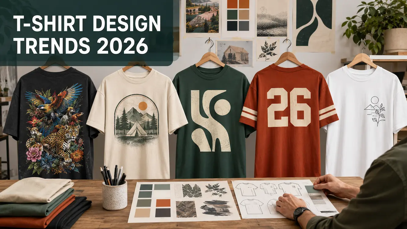 Five T-shirts displaying 2026 design trends including retro graphics, bold typography and detailed illustrations