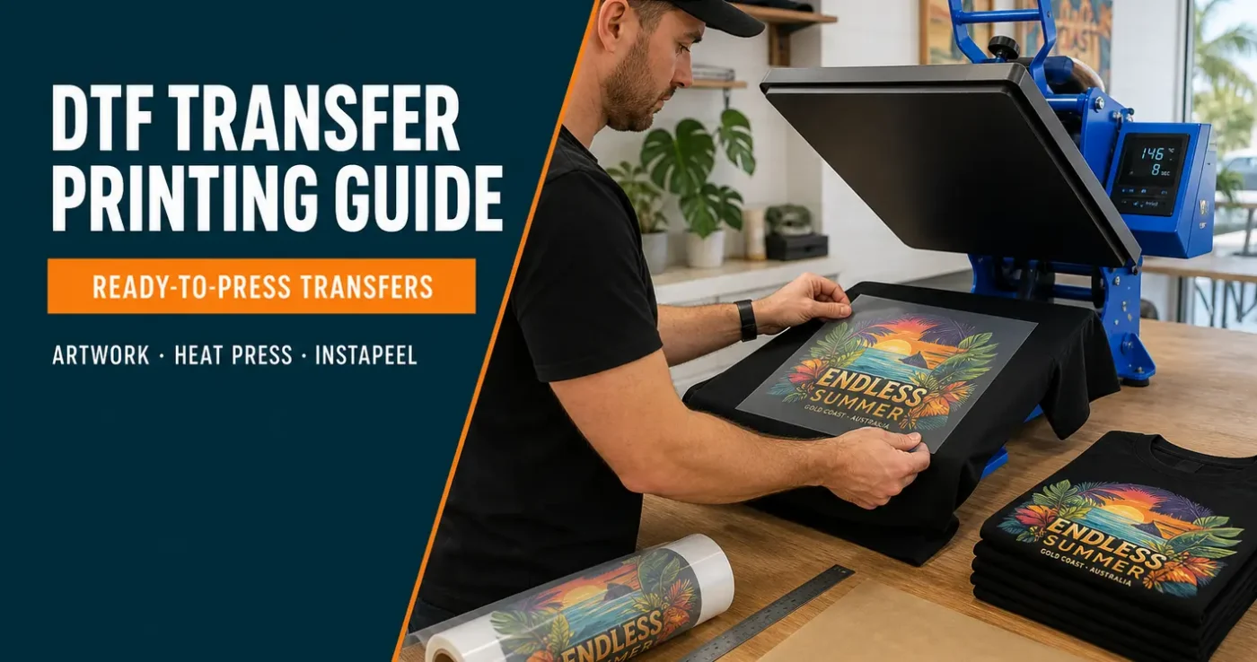 DTF transfer printing guide: aligning a ready-to-press transfer on a black t-shirt in a George Knight heat press at Insta-Peel settings