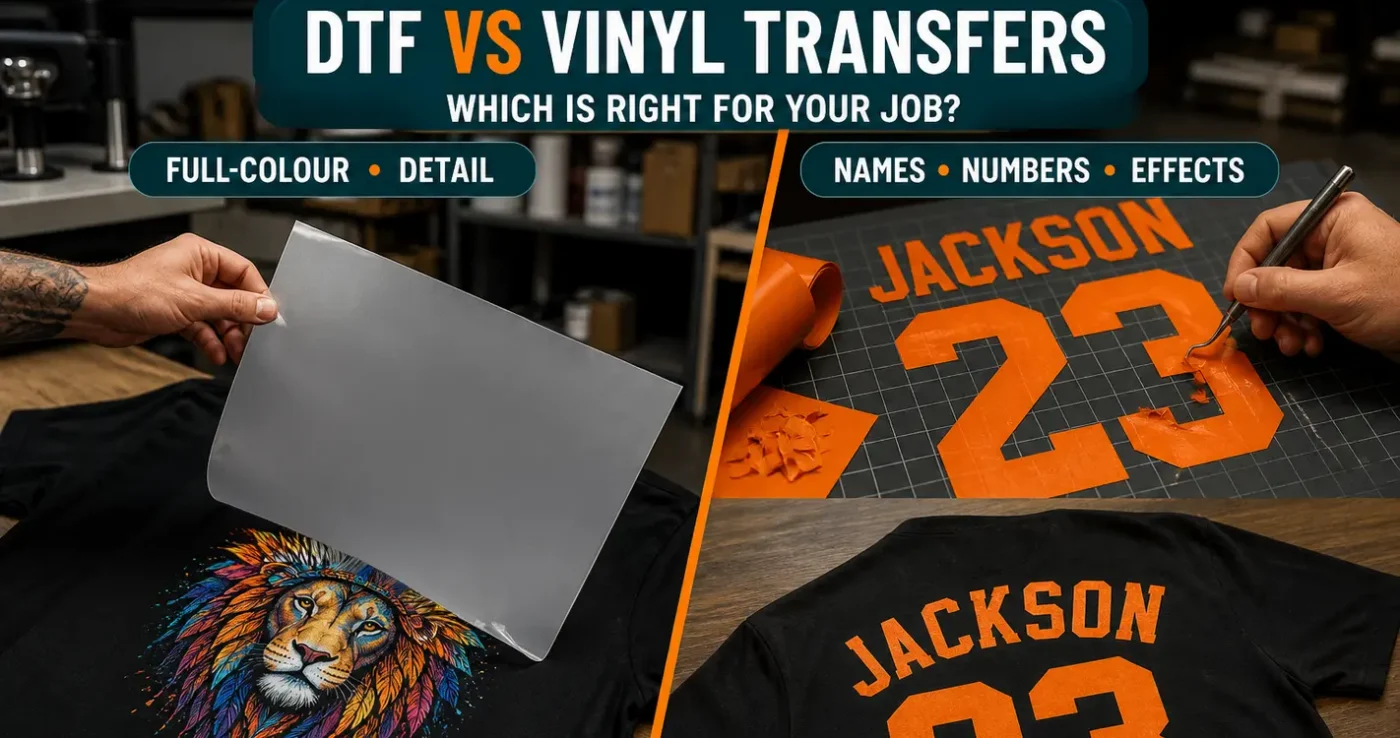DTF vs vinyl transfers: peeling a full-colour DTF transfer on the left and weeding orange HTV names and numbers on the right