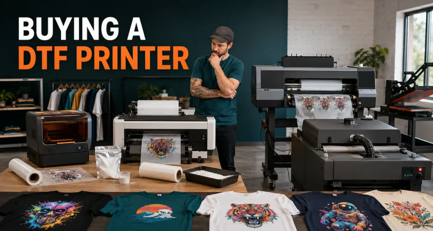 Australian print business owner comparing compact desktop, maker and commercial DTF printers