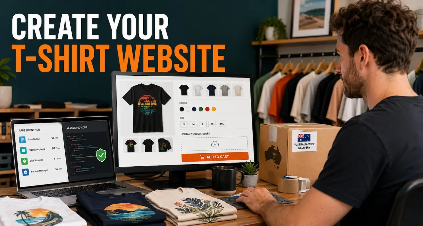Australian small-business owner creating an ecommerce website to sell custom T-shirts online