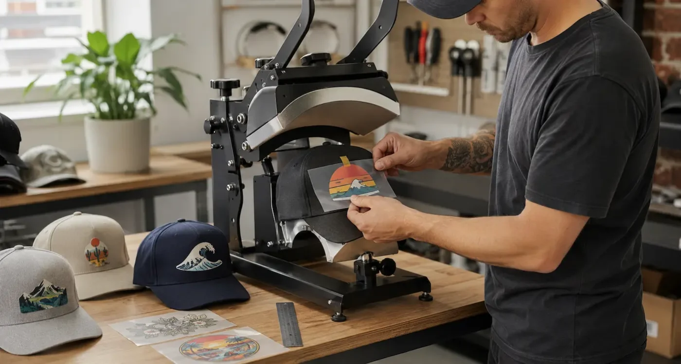 Small business owner positioning a colourful DTF transfer on a five-panel cap using a curved cap heat press