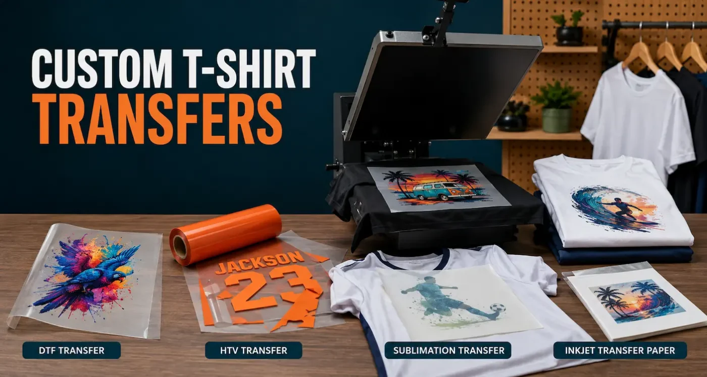 DTF, HTV, sublimation and inkjet T-shirt transfers displayed beside an open heat press