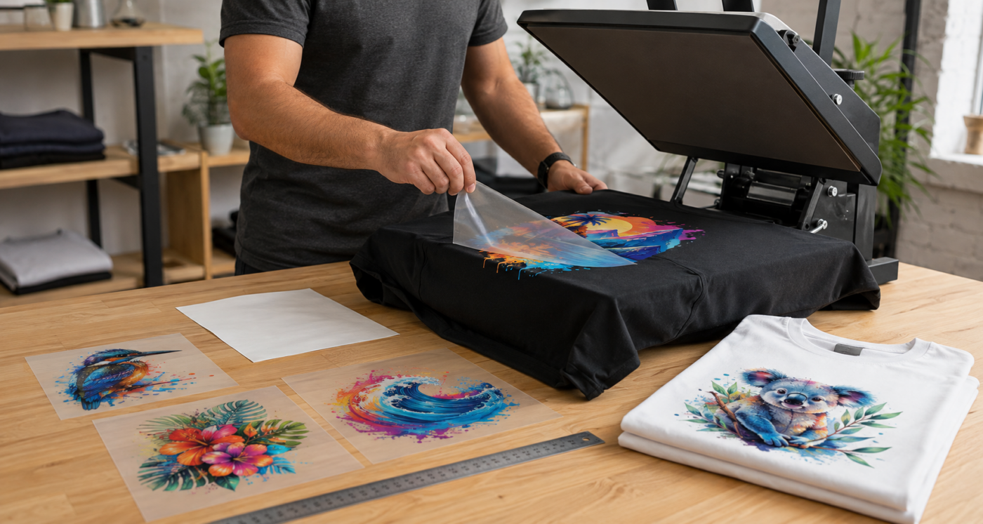Apparel decorator peeling clear Insta-Peel film from a colourful DTF transfer applied to a black T-shirt with a heat press