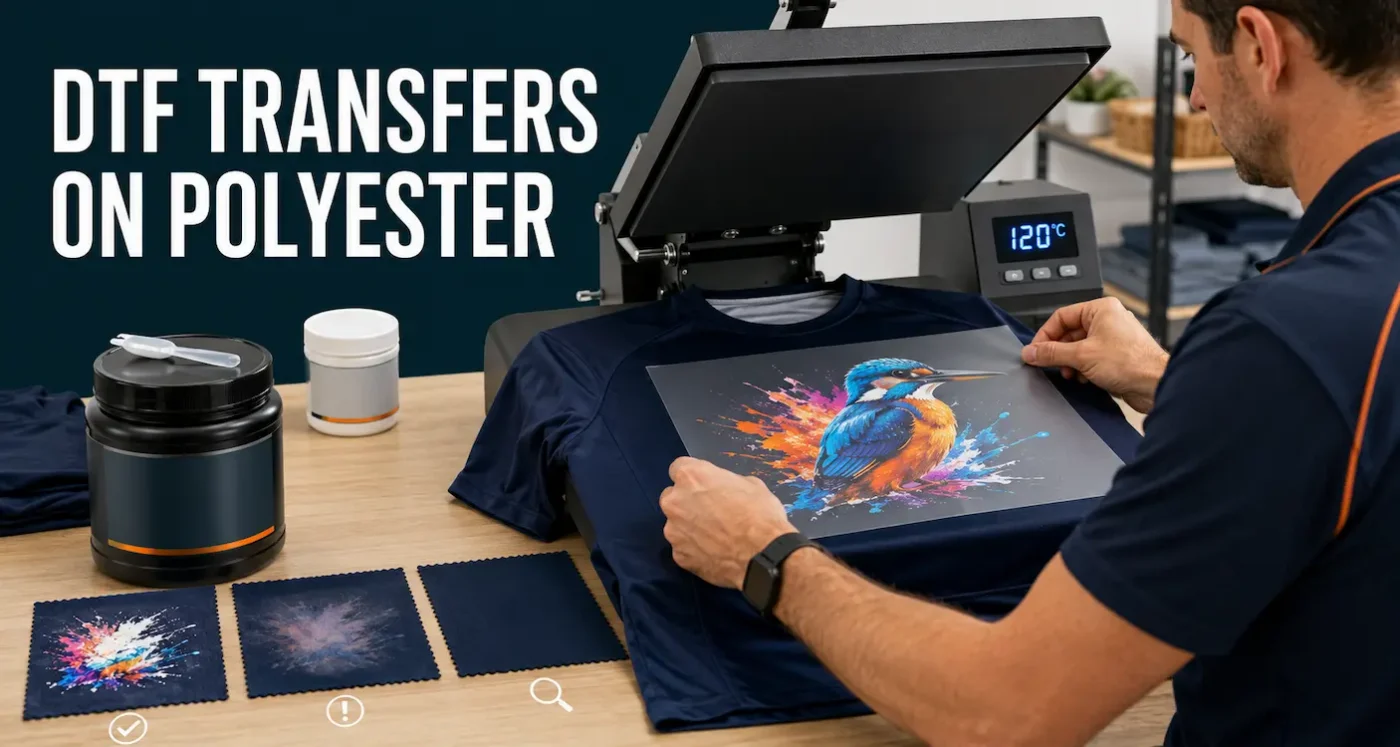 DTF transfer positioned on a polyester sports shirt under a heat press set to 120°C