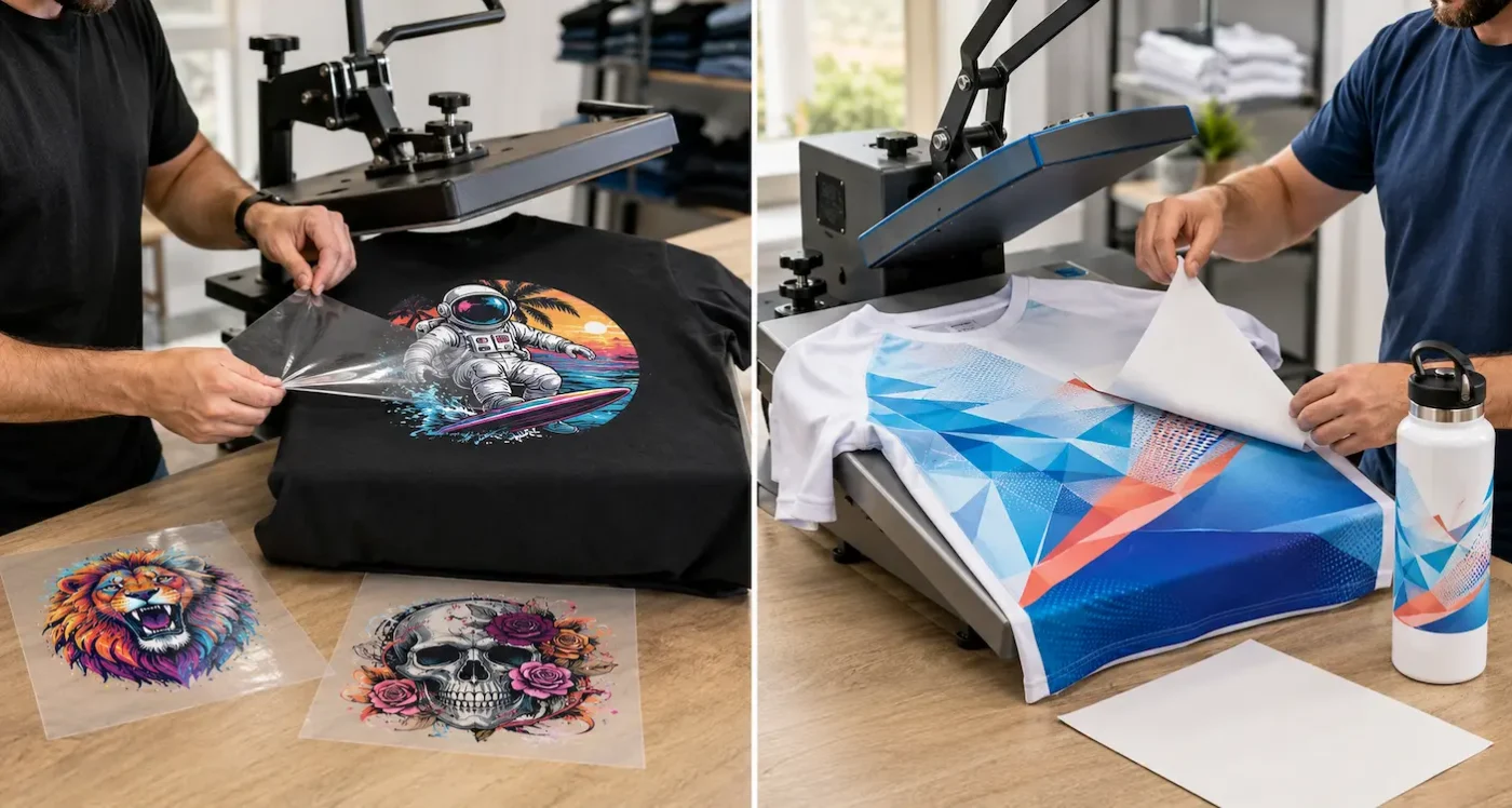DTF transfer on a black cotton T-shirt compared with sublimation printing on a white polyester sports shirt