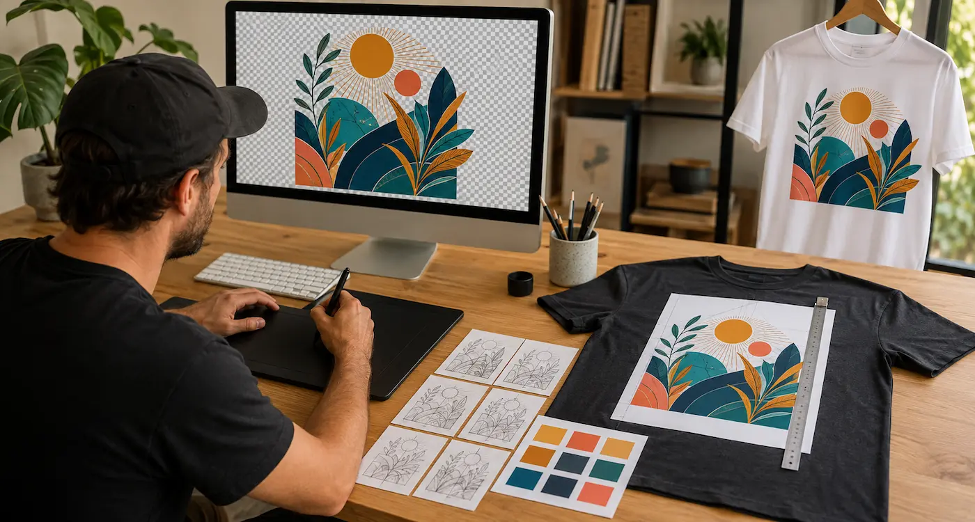 Graphic designer preparing colourful print-ready T-shirt artwork using sketches, a digital design and a full-size paper template