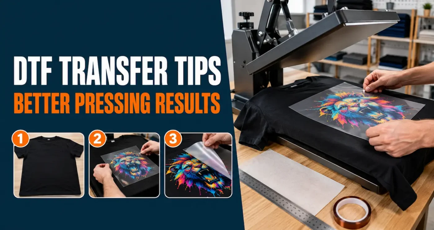 DTF transfer being positioned on a black T-shirt beside a professional heat press in a bright garment-printing workshop