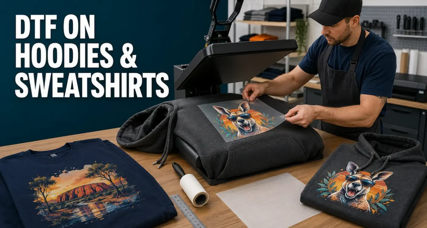 Garment decorator positioning a DTF transfer on a fleece hoodie under an open heat press