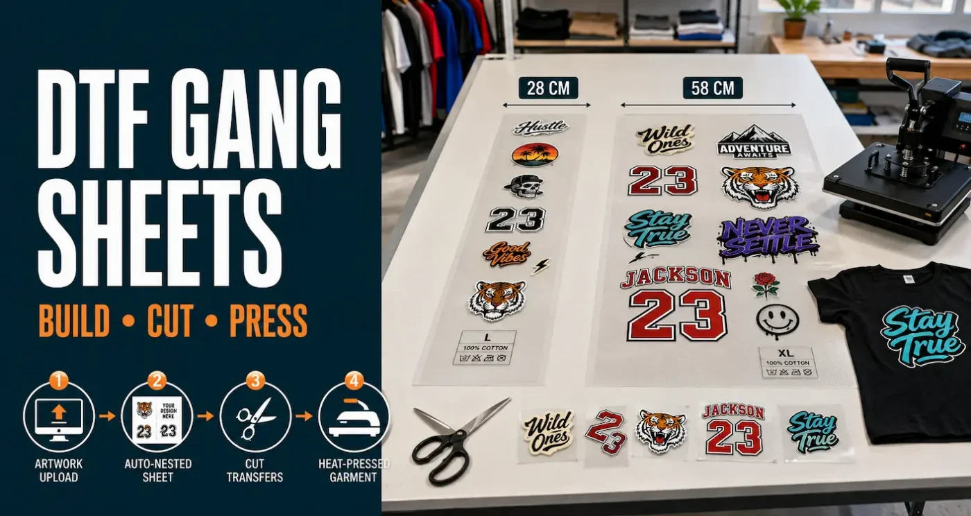 Wide DTF gang sheet with multiple colourful designs beside cut transfers, a heat press and a simple artwork-to-garment workflow