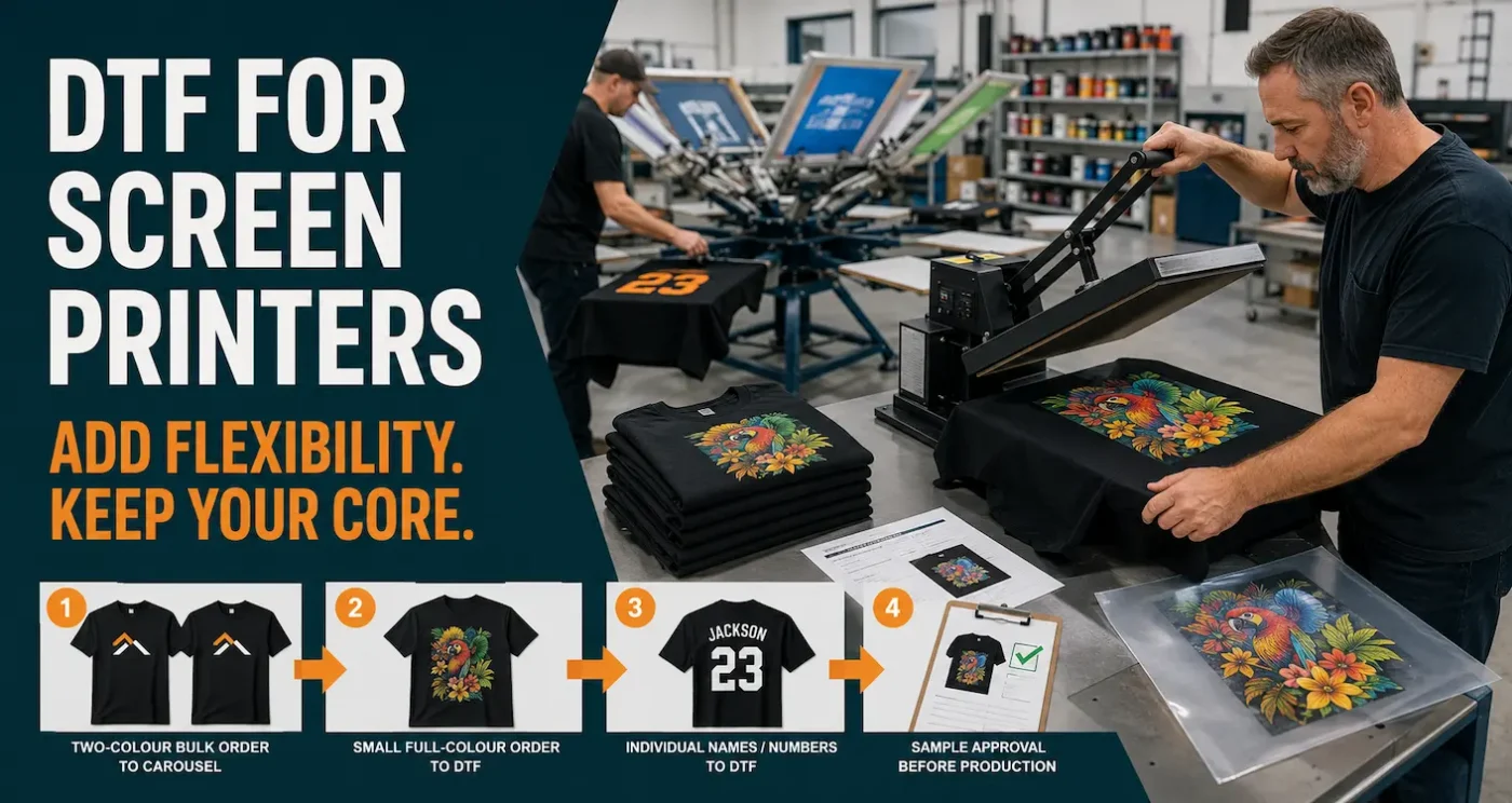 Screen-printing workshop using a carousel press and heat press for ready-to-press DTF transfers