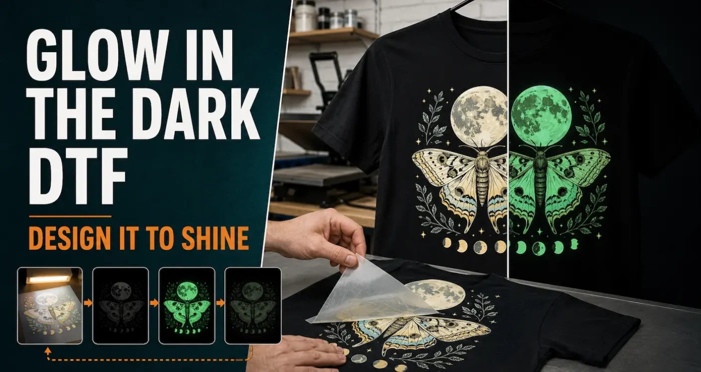 Glow in the dark DTF design shown on a black T-shirt in normal workshop light and glowing green in darkness