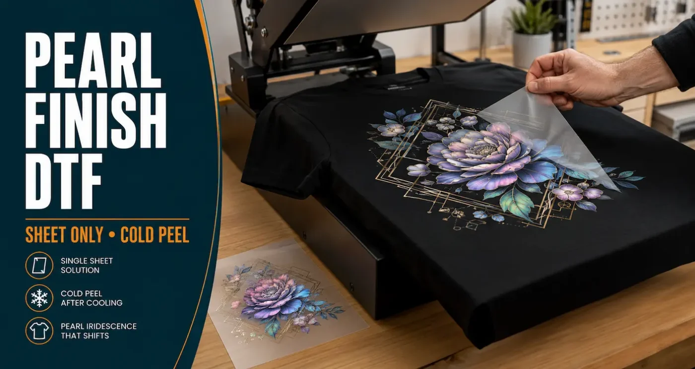 Pearl finish DTF transfer on a black T-shirt showing an iridescent colour shift beside a heat press and cold-peel film