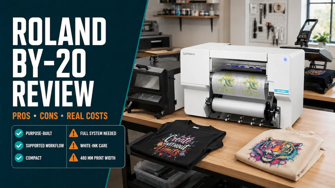 Compact desktop DTF printer in a garment workshop with a balanced list of Roland BY-20 strengths and limitations