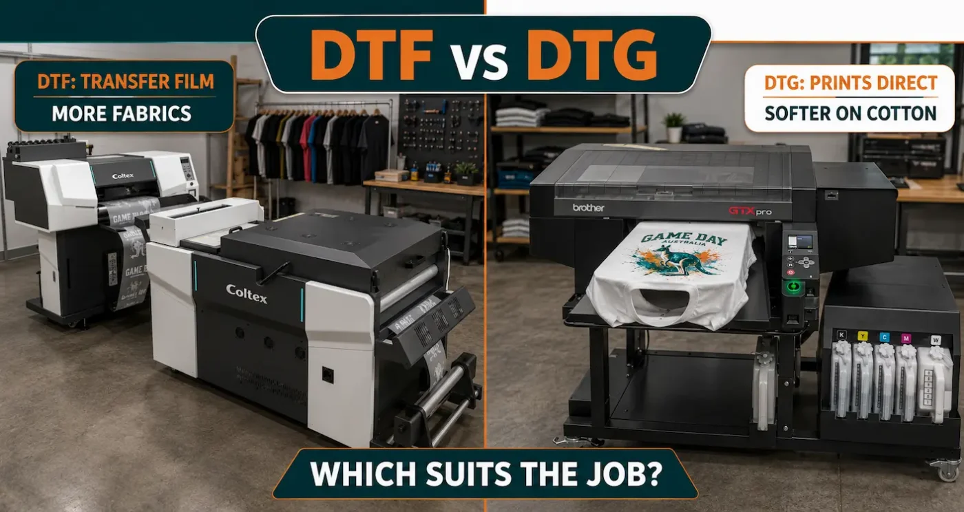 Coltex D604 DTF printer and shaker beside a Brother GTX Pro DTG printer in a garment-printing workshop