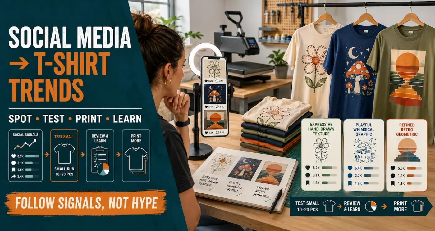 T-shirt creator reviewing social-media engagement before testing three graphic shirt designs in a small print run