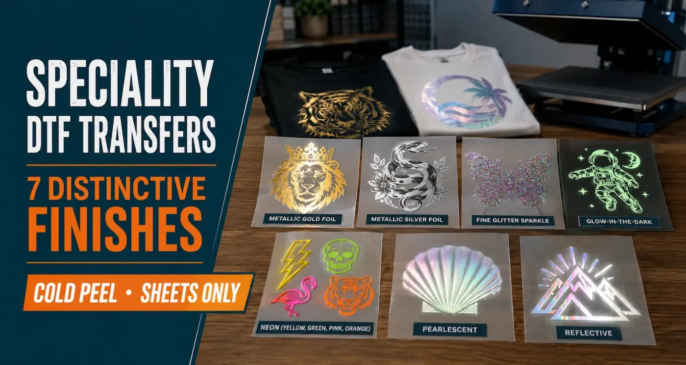 Seven speciality DTF transfer sheets showing gold, silver, glitter, glow, neon, pearl and reflective finishes