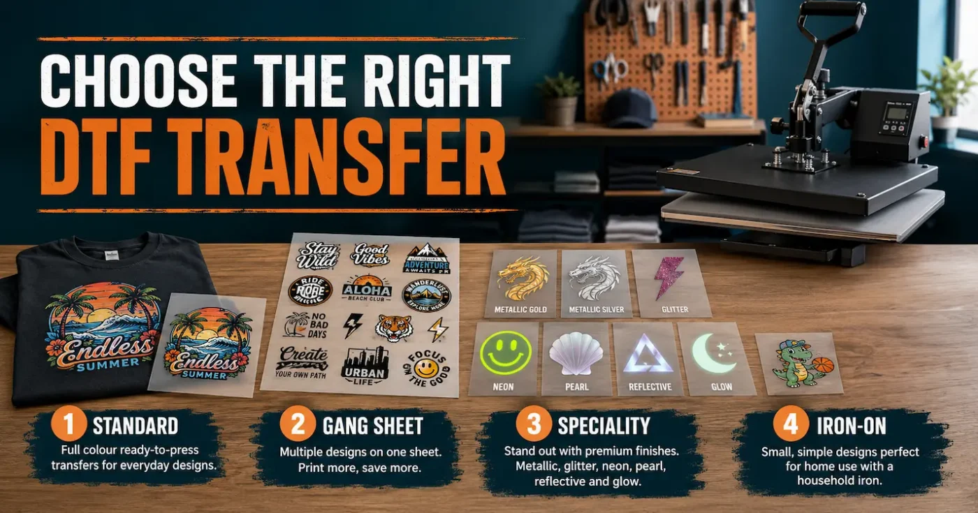 Standard DTF transfer, gang sheet, speciality transfer sheets and iron-on transfer arranged beside a professional heat press