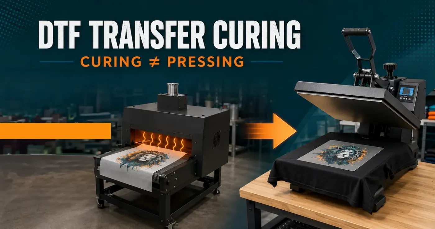 DTF printer and curing tunnel beside a heat press, showing curing and pressing as separate steps
