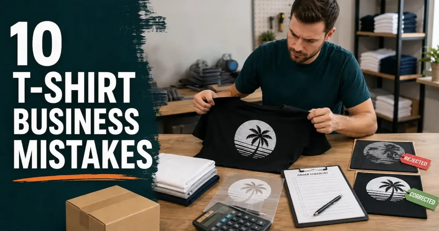 T-shirt business owner checking a printed shirt beside a heat press and order checklist