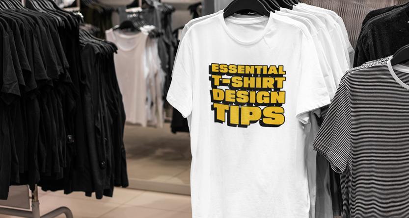 White T-shirt with 'Essential T-Shirt Design Tips' DTF transfer print hanging