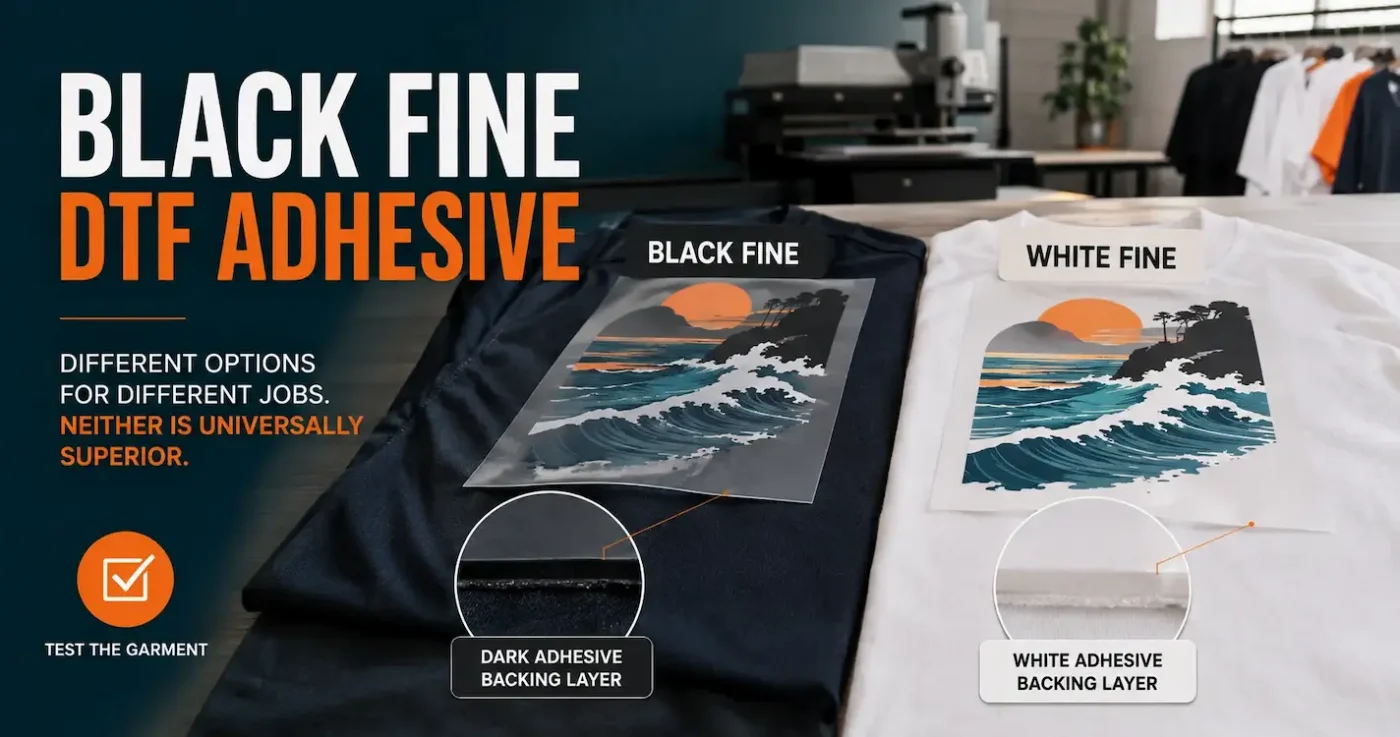 Black Fine and White Fine DTF adhesive layers compared on dark and light garments
