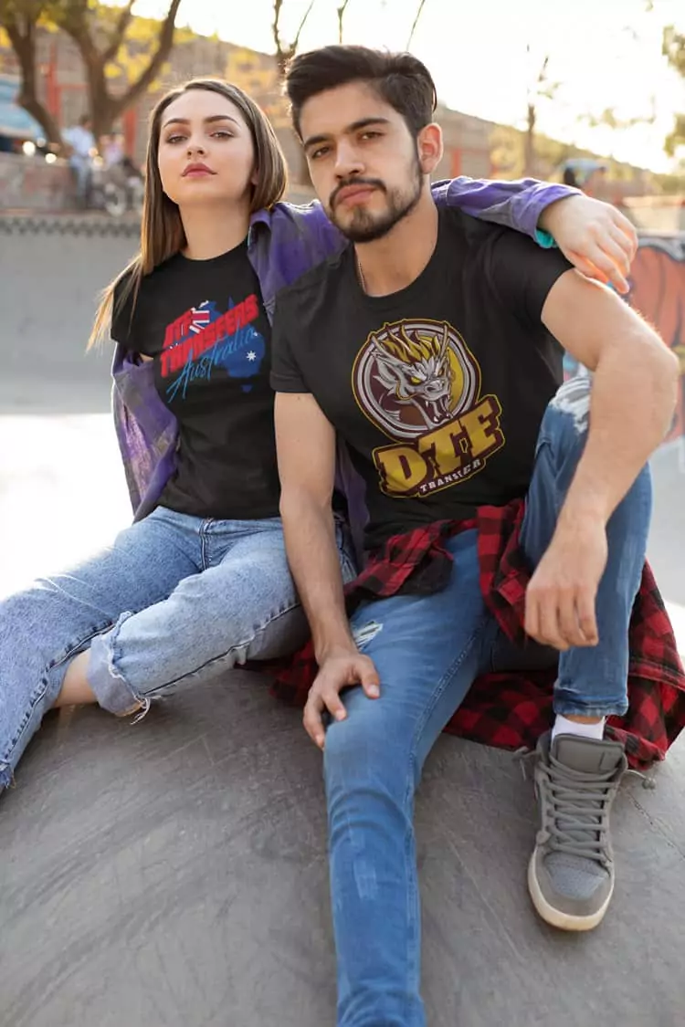 Couple using DTF Transfers products at an Australian skate park