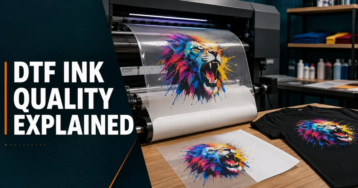 DTF printer producing colourful artwork with a white ink backing on transfer film