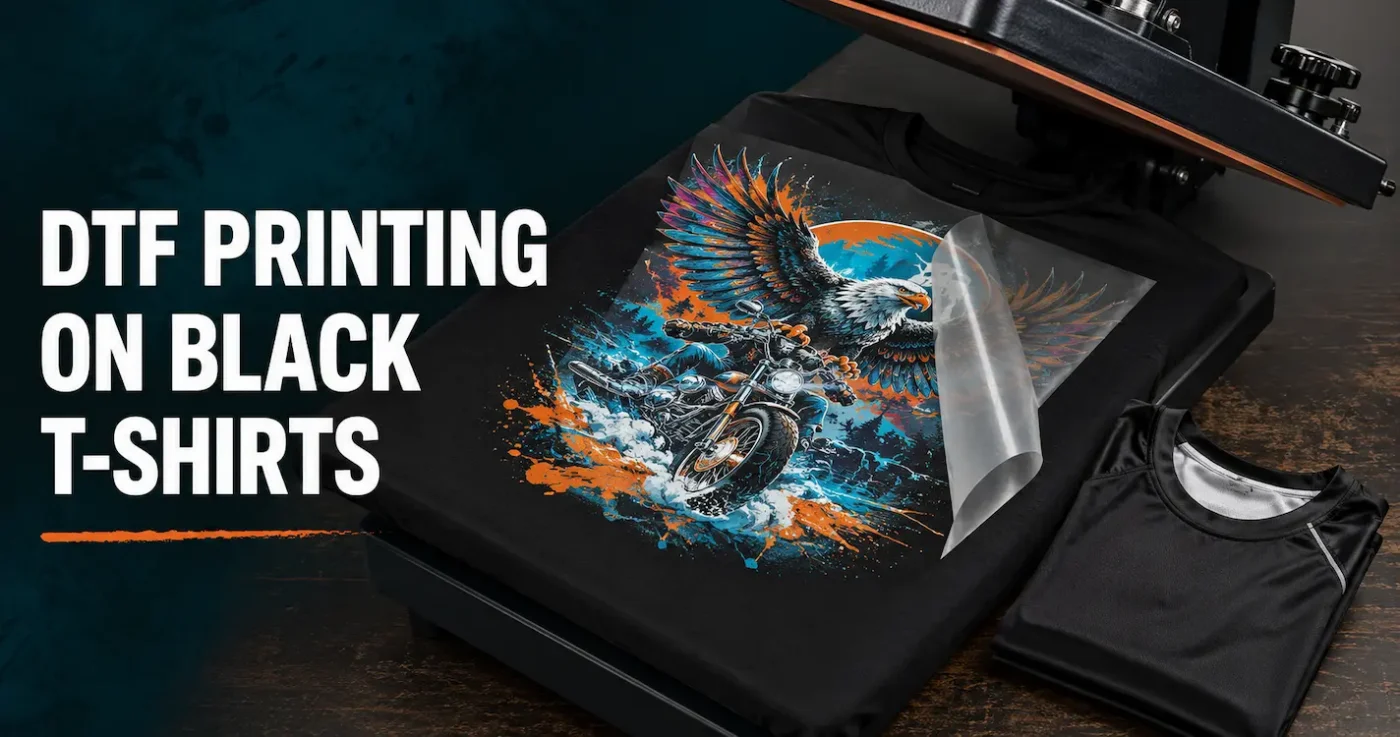 Colourful DTF transfer being applied to a black T-shirt on a heat press