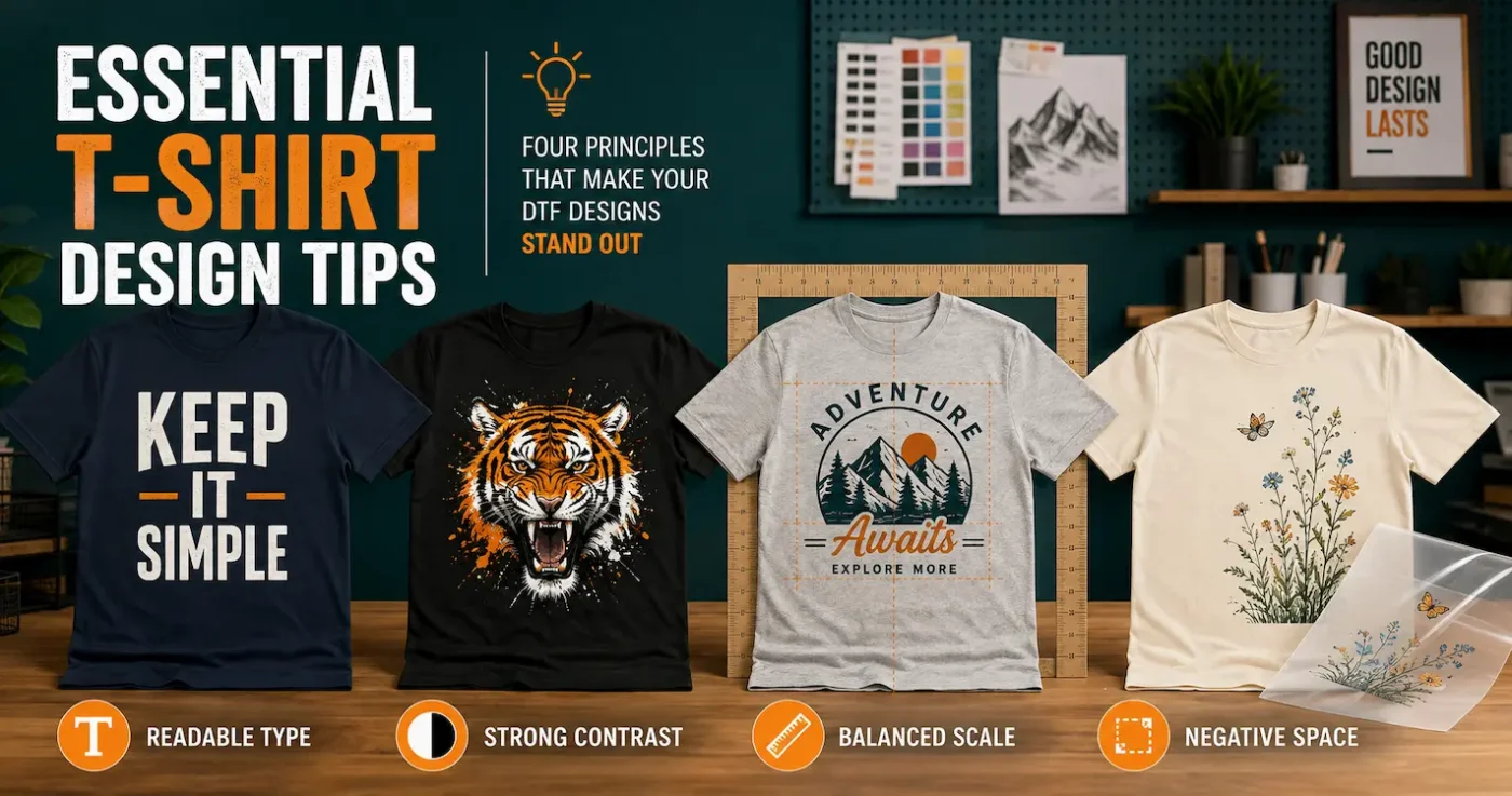 Four printed T-shirts demonstrating readable type, strong contrast, balanced print scale and negative space for DTF designs