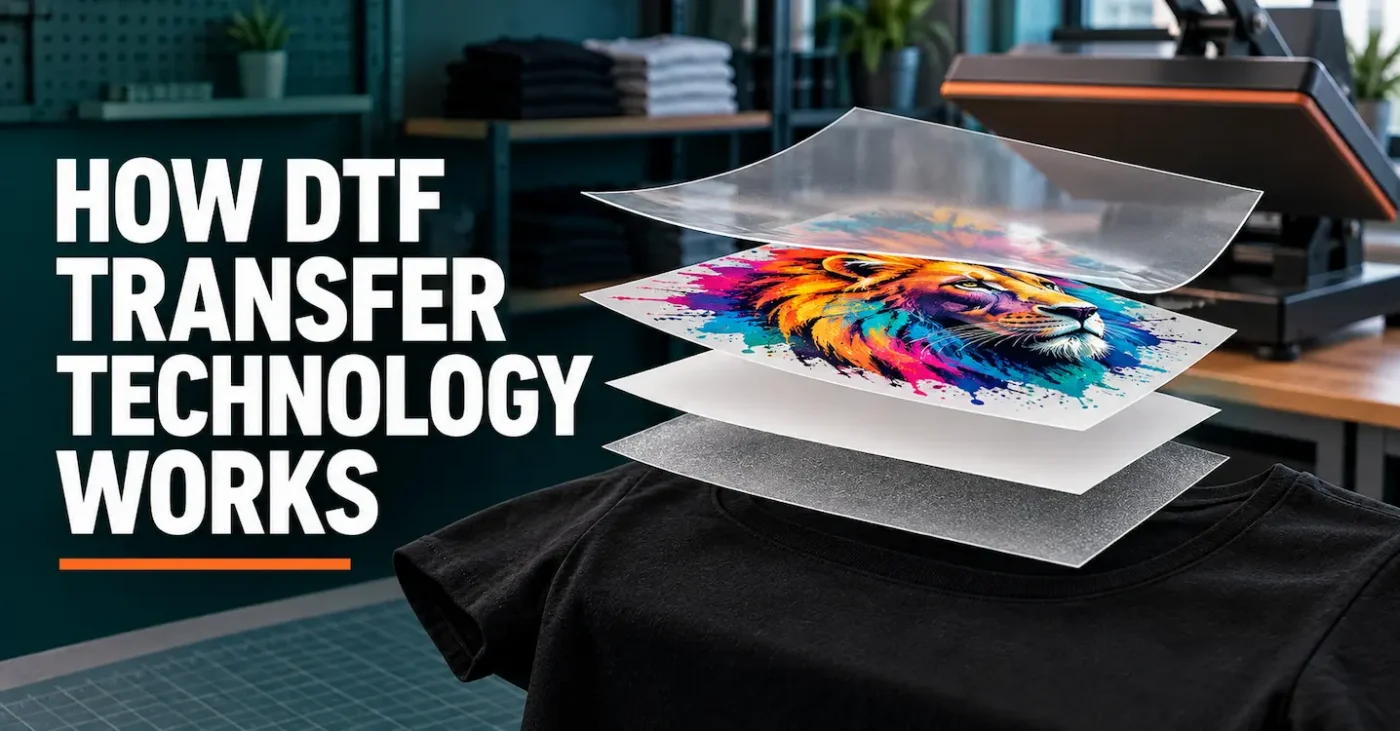 Exploded view of DTF carrier film, colour artwork, white backing and adhesive above a black T-shirt