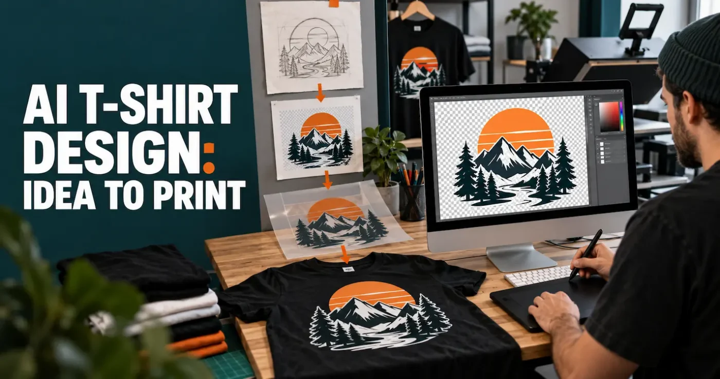 Designer refining an AI-generated T-shirt graphic beside a DTF transfer and finished printed shirt