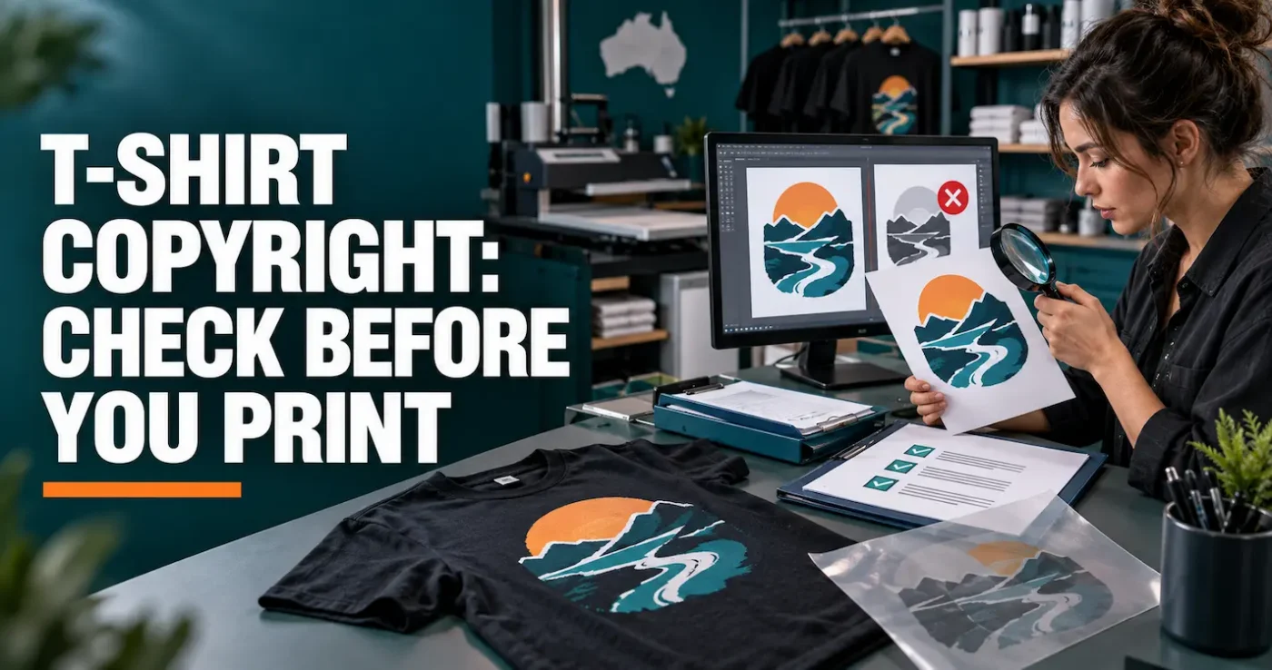 T-shirt designer checking original artwork, licence records and print approval before production