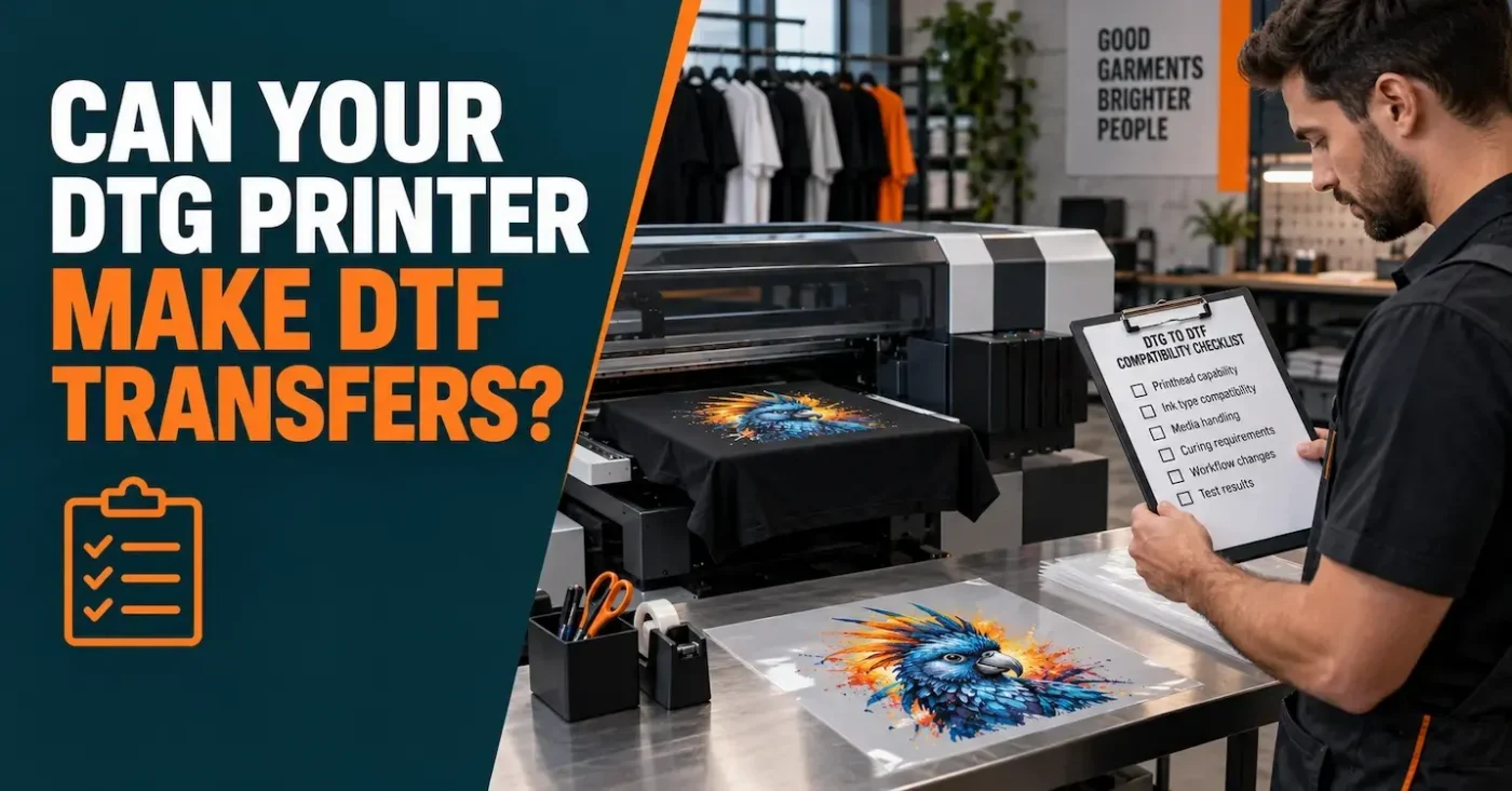 Operator checking whether a garment printer is compatible with DTF transfer production