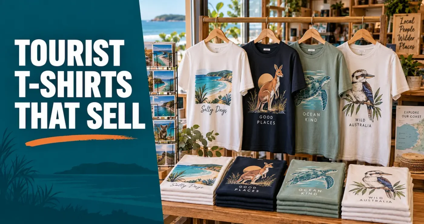 Custom tourist T-shirts featuring Australian coastal and wildlife designs displayed in a souvenir shop