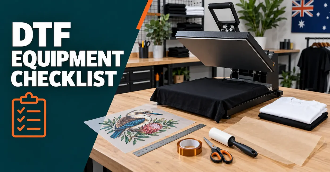 Heat press and essential tools used to apply ready-to-press DTF transfers