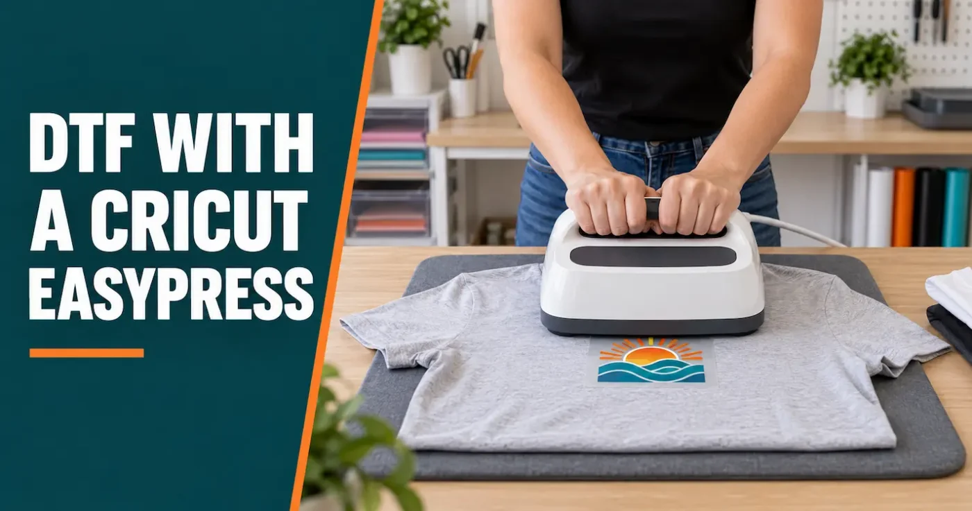 Person applying a small DTF transfer to a grey T-shirt with a Cricut-style EasyPress on a firm pressing mat