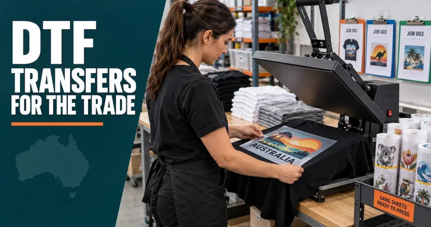 Trade print shop operator positioning a ready-to-press DTF transfer on a black T-shirt at a commercial heat press