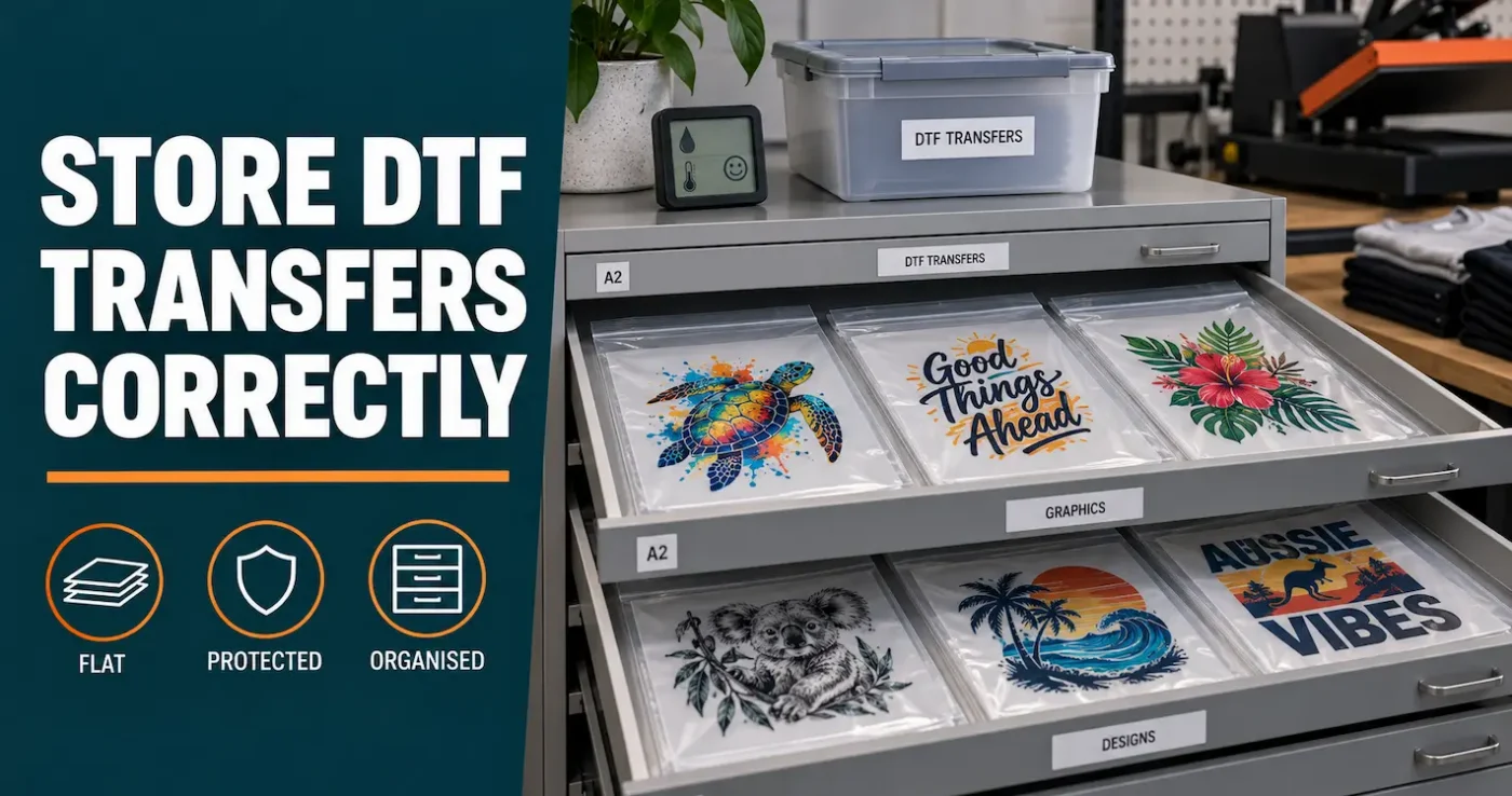 DTF transfers stored flat in labelled protective sleeves inside wide workshop drawers