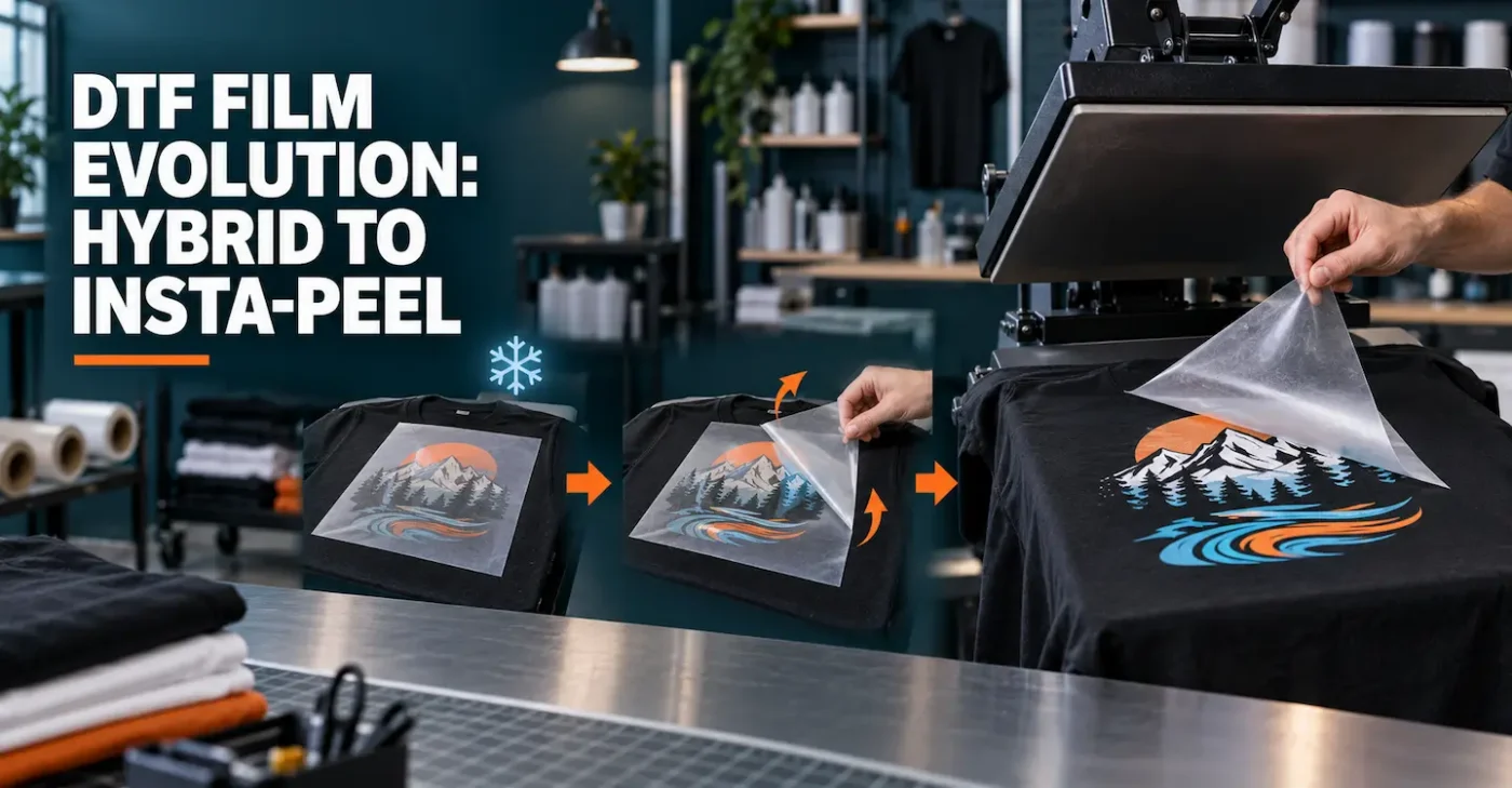 DTF transfer film shown progressing from cold peel through hybrid hot-and-cold peel to immediate Insta-Peel application