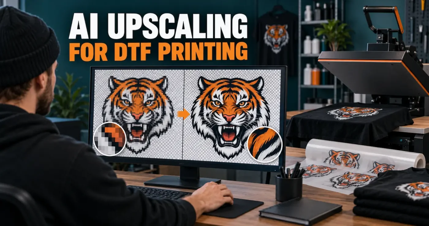 Before-and-after comparison showing pixelated artwork becoming cleaner through AI upscaling for DTF printing