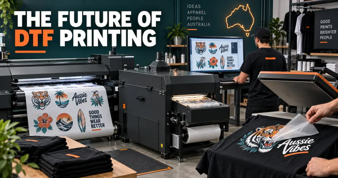 Modern DTF printing workshop with roll printer, transfer film, heat press and garment production workflow