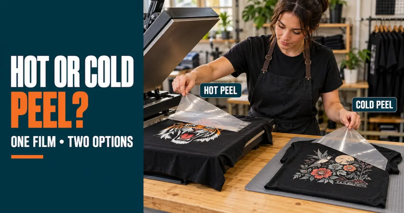 DTF technician demonstrating hot-peel and cold-peel options using modern dual-peel transfer film